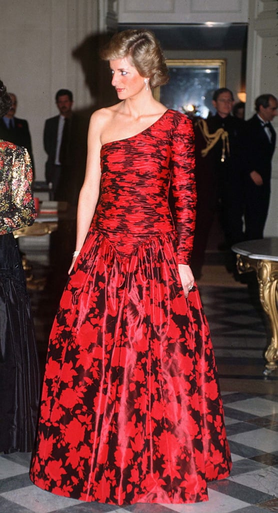 For a charity event in Paris, 1988 Diana wore a big, bold, shiny, floor-weeping gown by Catherine Walker.