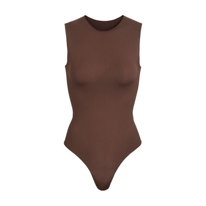 Skims Brown Essential Thong Long Sleeve Bodysuit In Smokey Quartz