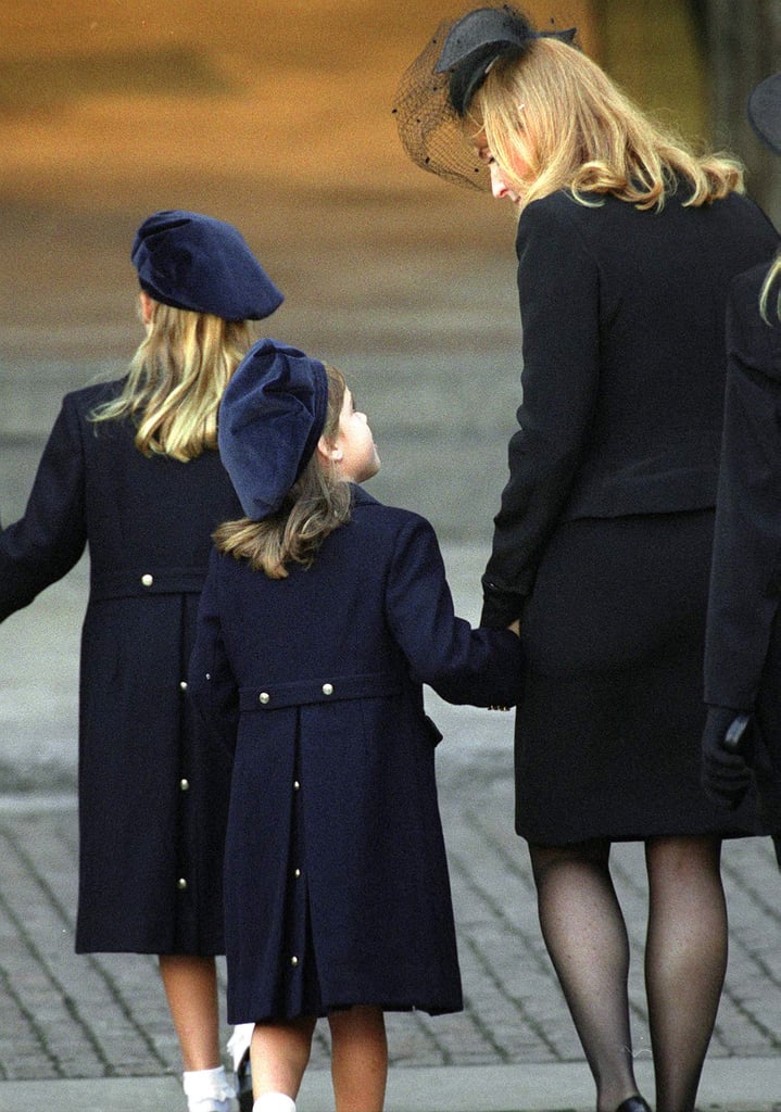Sarah walked with Beatrice and Eugenie as they arrived for Princess Diana's funeral in 1997.