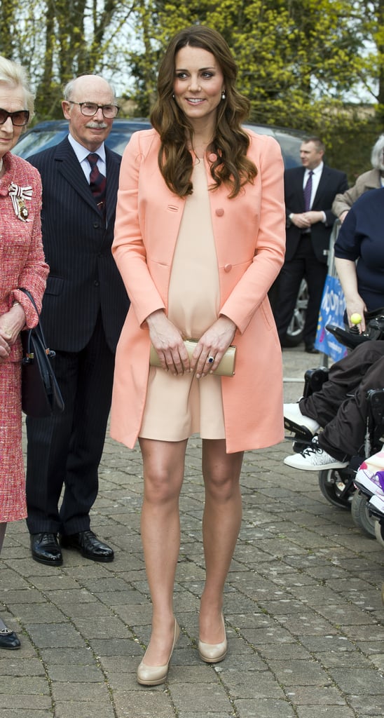 The duchess kept things bright and peachy in April 2013 when she wore a Tara Jarmon coat while visiting the Naomi House Children's Hospice in Hampshire, England.