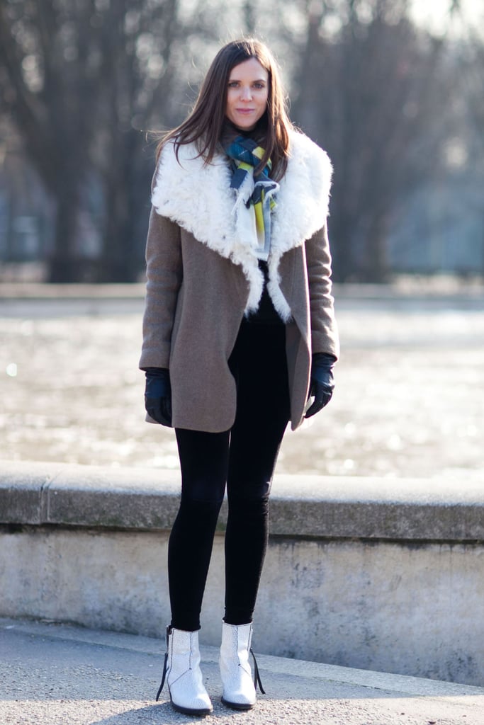 A shearling collar warmed up a bright top — then we got a cooler finish with white booties.
Source: Le 21ème | Adam Katz Sinding