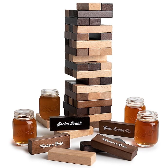 Polished Wood Stacking Game With Shot Glasses