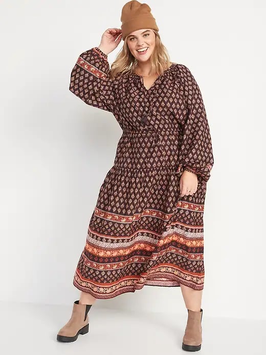 Old Navy Long-Sleeve Waist-Defined Tiered Poet Midi Dress