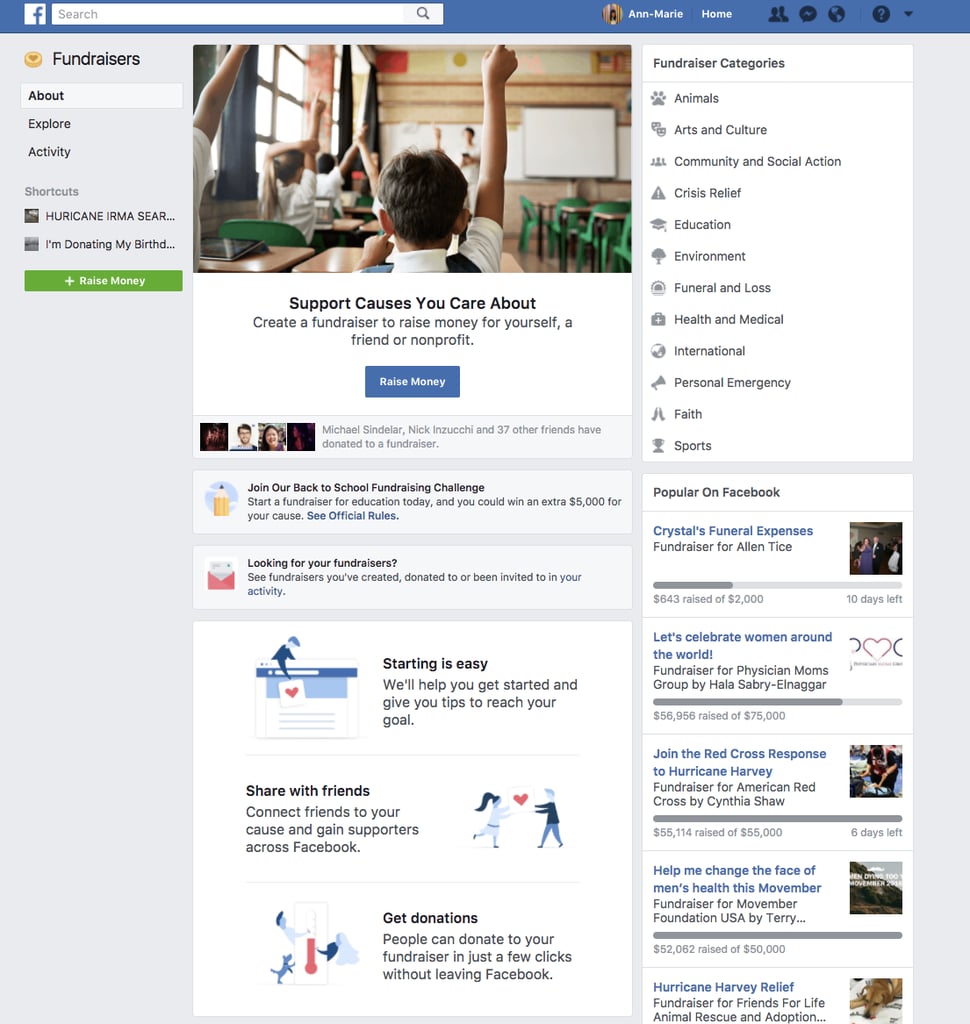 First, head to the Fundraising section on Facebook.