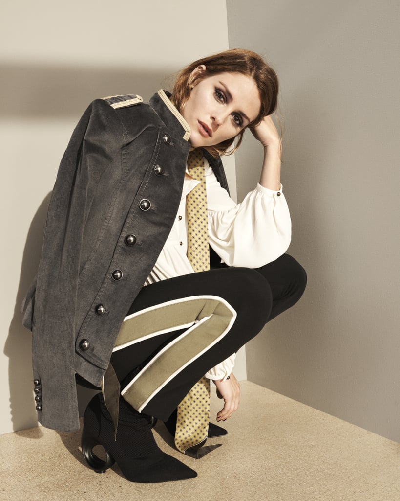 Banana Republic x Olivia Palermo Corduroy Button Detail Military Coat ($198), Long-Sleeve Shirred Empire Top ($88), and Flare Tux Stripe ($98)