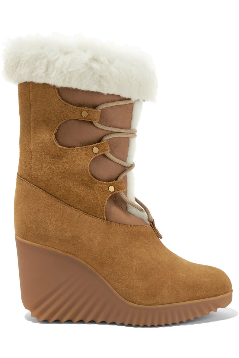 Chloé Shearling-Trimmed Suede Wedge Boots
