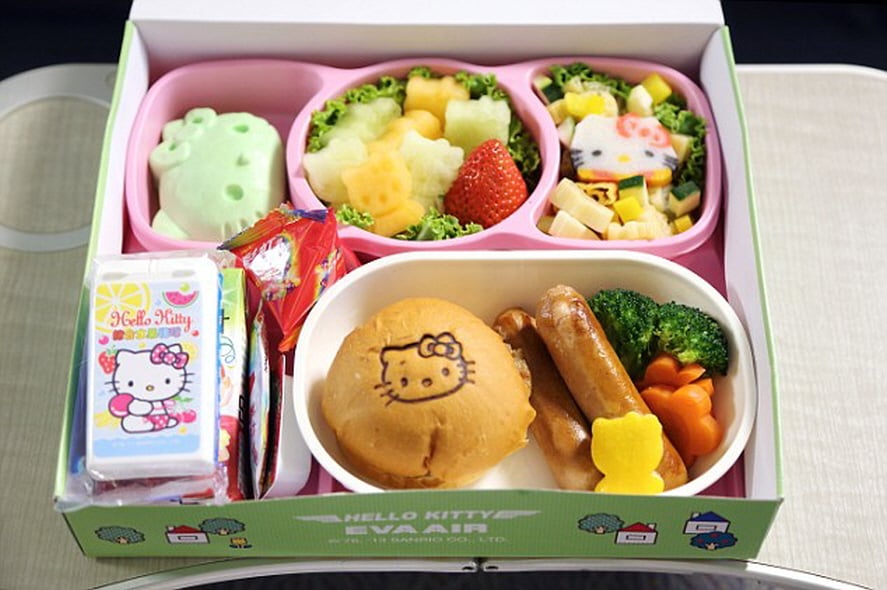 Unlike the stale, boring airplane food to which airline regulars have grown accustomed, the Hello Kitty flights offer themed munchies. The food's bright colors and cute packaging delight fans of the equally cute cartoon franchise.
