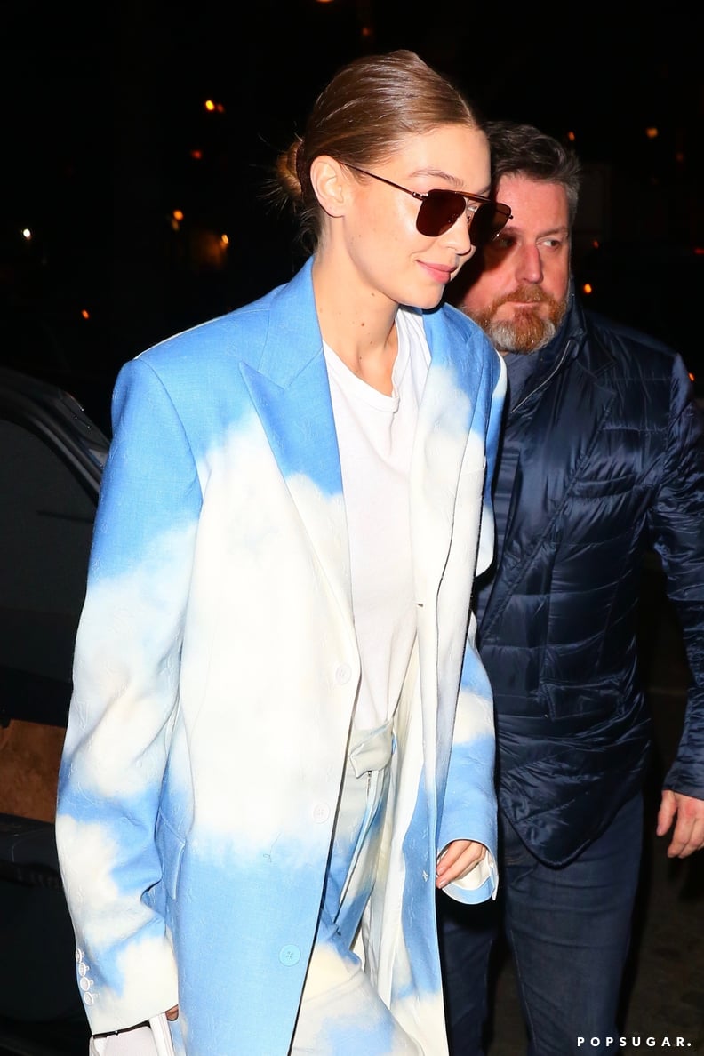 Gigi Hadid Wearing a Louis Vuitton Cloud-Print Suit in Paris