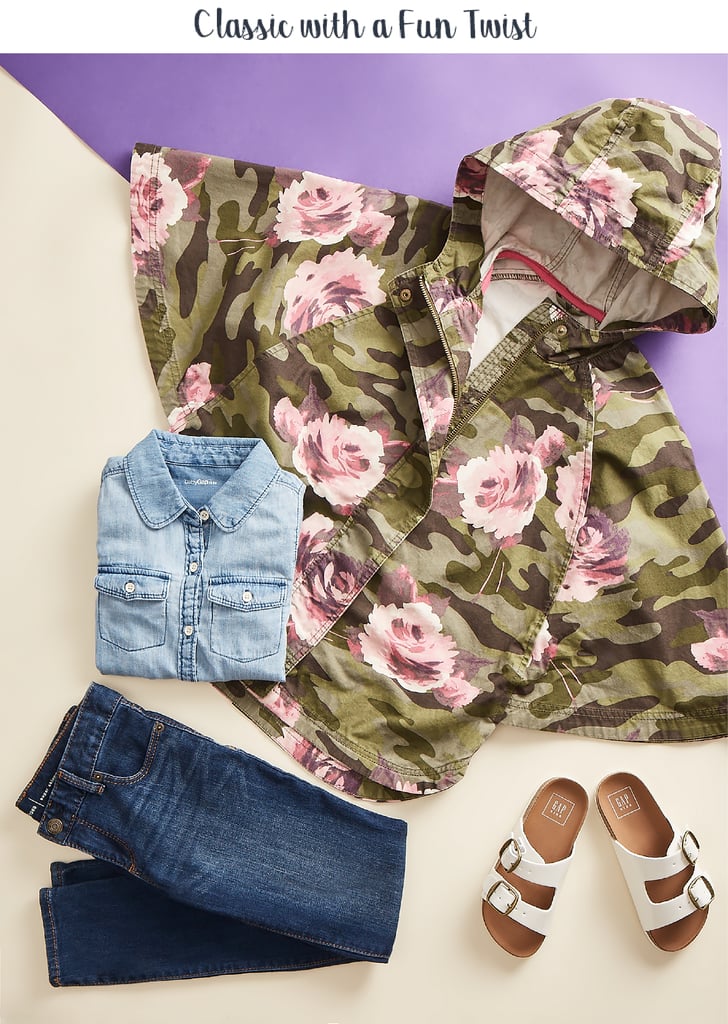 This camo poncho ($54.95) brings military style with a twist: soft lines and a floral print. She can wear it with dark wash, high-stretch, superskinny jeans ($39.95) for a confident and cool Fall look. Keep shirt and shoes solid, like a light chambray shirt ($34.95) and surf sandals ($34.95), to let the jacket speak for itself.
Confidence-boosting tip: A subtle note from Mom or Dad in their lunchbox (even just a little heart drawn on a napkin) can be a big day-brightener for kids of any age.