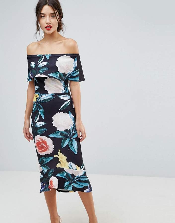 True Violet Bardot Pephem Midi Dress in Bold Floral Print