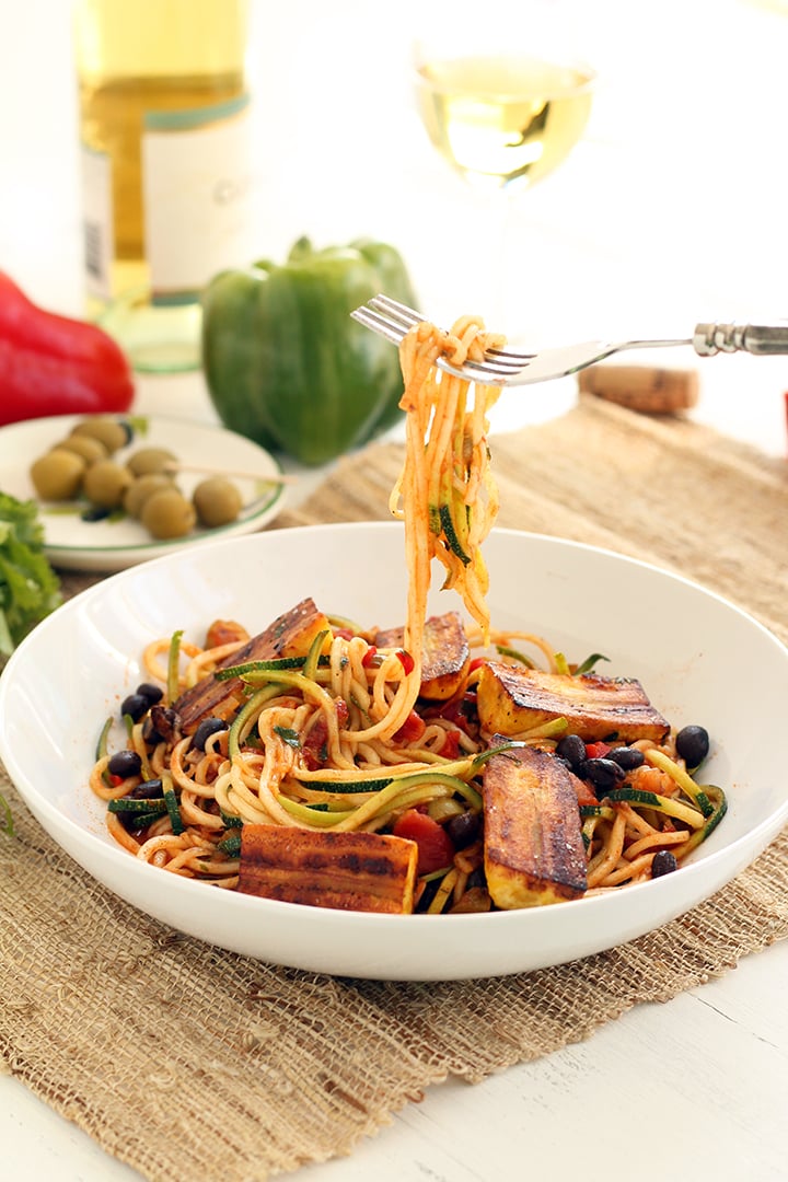 Sofrito Zucchini Pasta With Beans and Lightly Friend Plantains