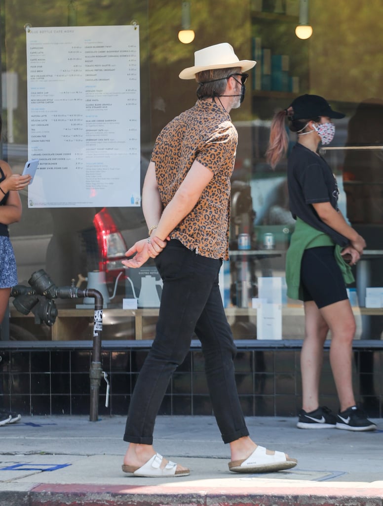 Chris Pine's Leopard-Print Shirt and Birkenstocks Outfit