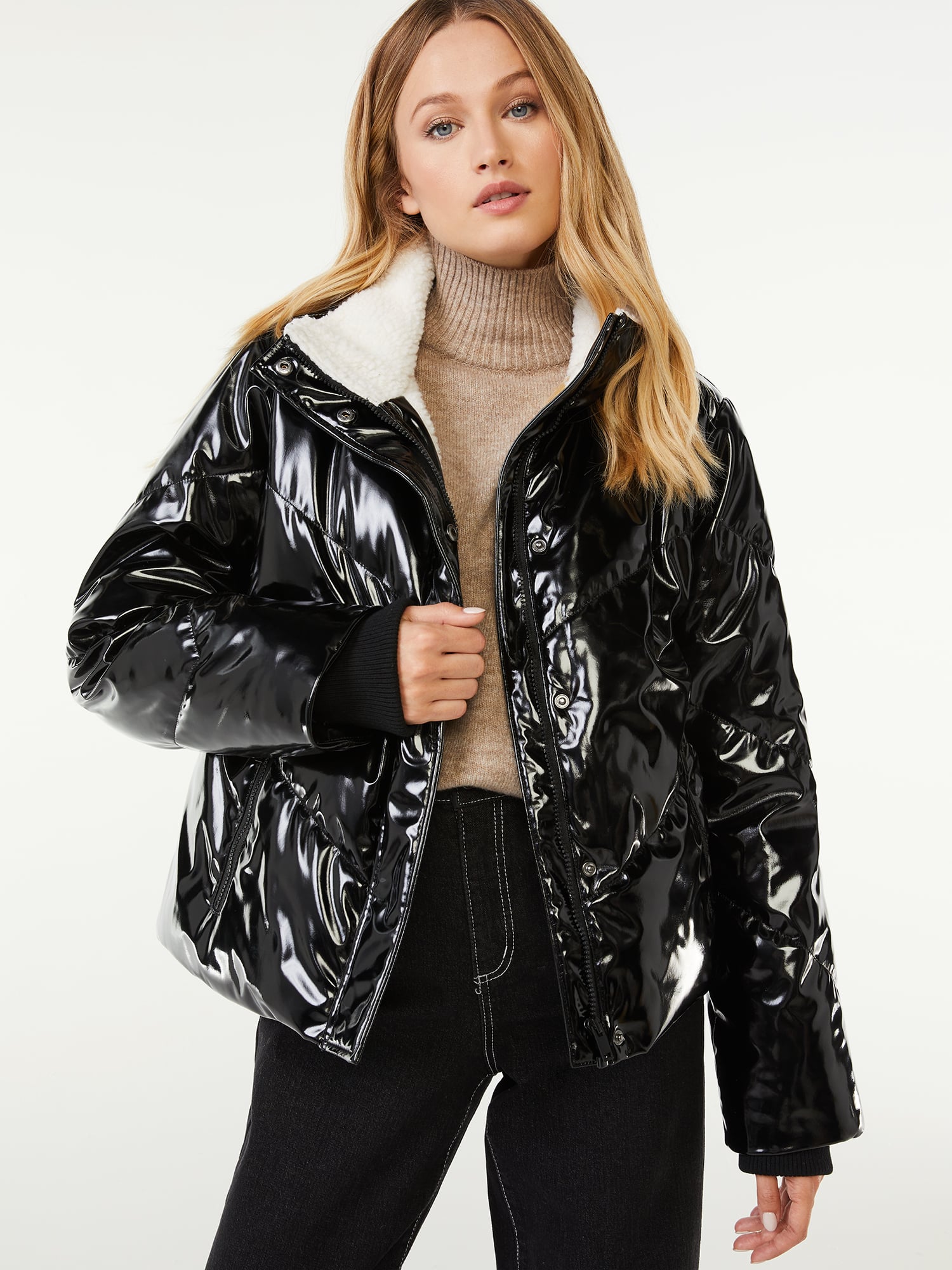 Scoop Women's High-Shine Faux Leather Puffer Jacket With Faux Sherpa Lining, 15 New Editor-Approved Walmart Finds You'll Want to Wear on Repeat This  Winter