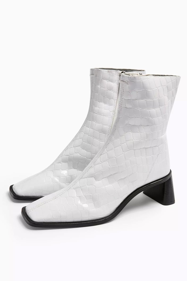 Topshop Maja Leather White Crocodile Sock Boots