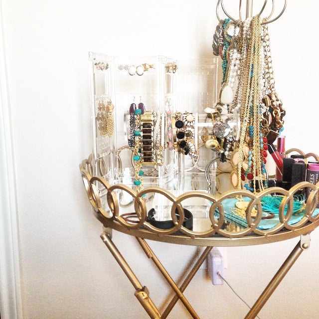 The find: a round bar cart with gold finishes. Don't you love how this shopper styled the cart as a jewelry station?
The find: a round bar cart with gold finishes. Don't you love how this shopper styled the cart as a jewelry station?