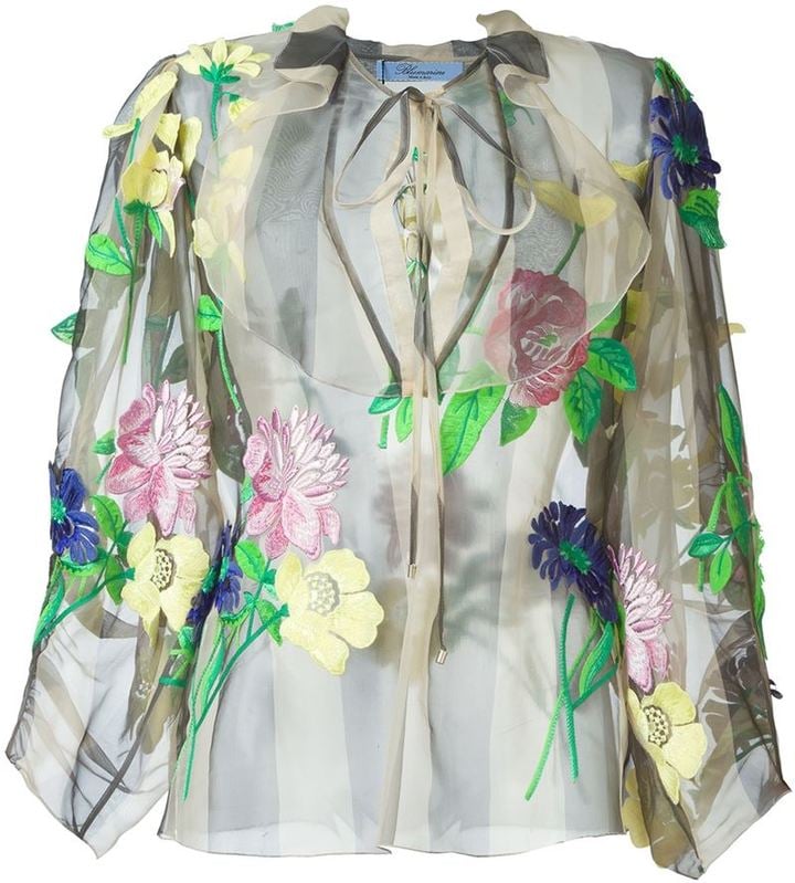 Blumarine Floral Appliqué Tie-Neck striped Semisheer Blouse ($2,196)
