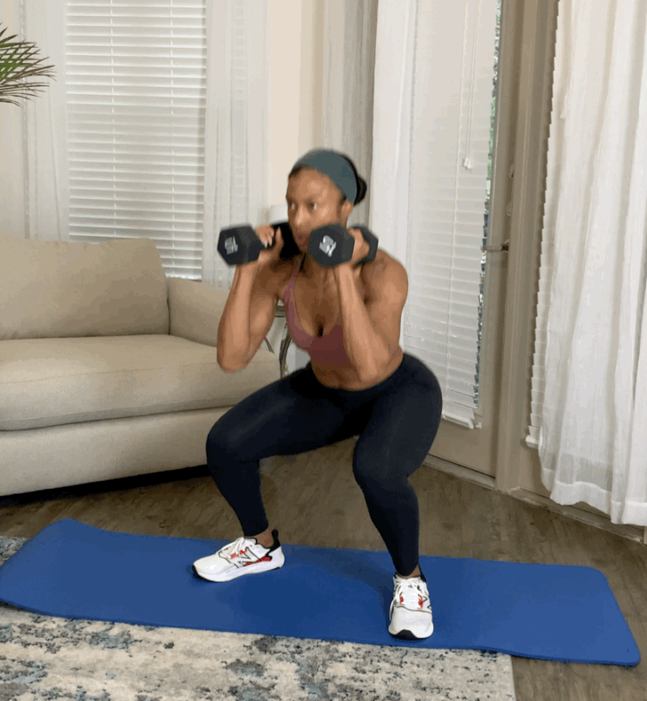 Circuit 2, Exercise 2: Squat Pulse | Got Half an Hour? Try This  Heart-Pumping, Lower-Body Dumbbell Workout | POPSUGAR Fitness Photo 6