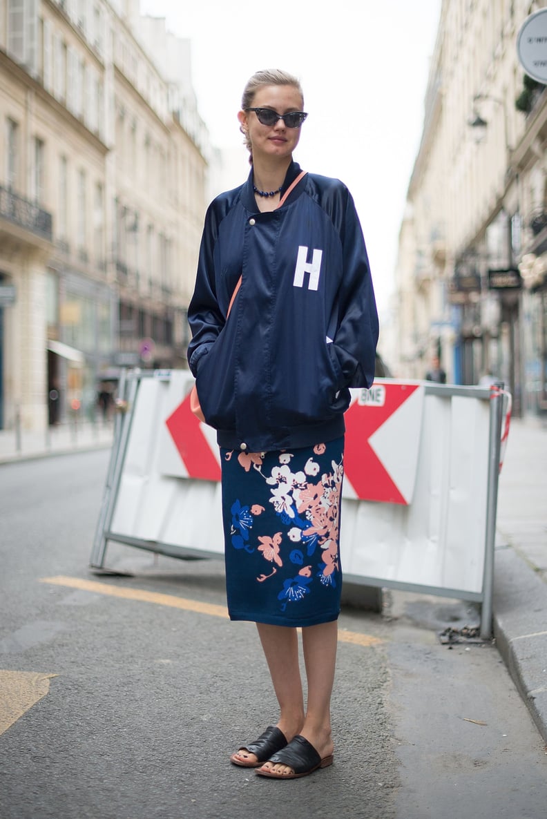 Rework a ladylike skirt with a bomber.