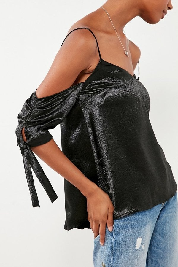 Silence + Noise Shiny Cold-Shoulder Tie Top