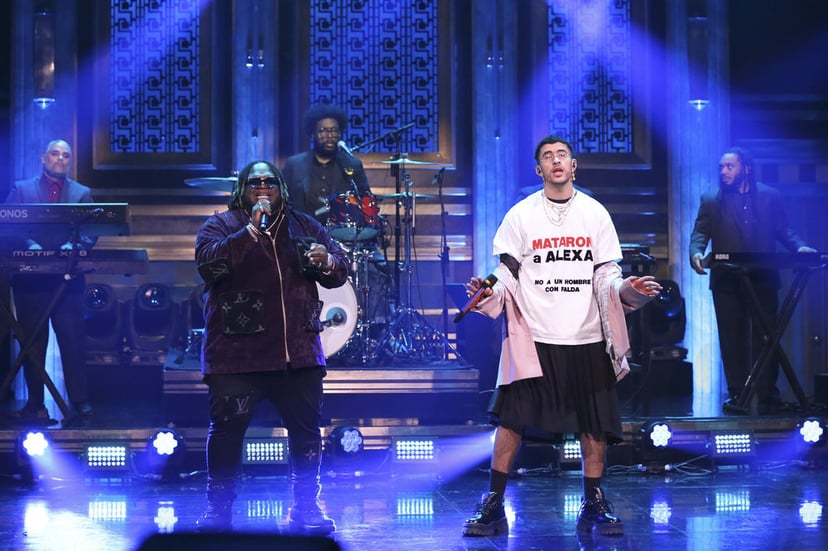 Bad Bunny on The Tonight Show in Pink in February