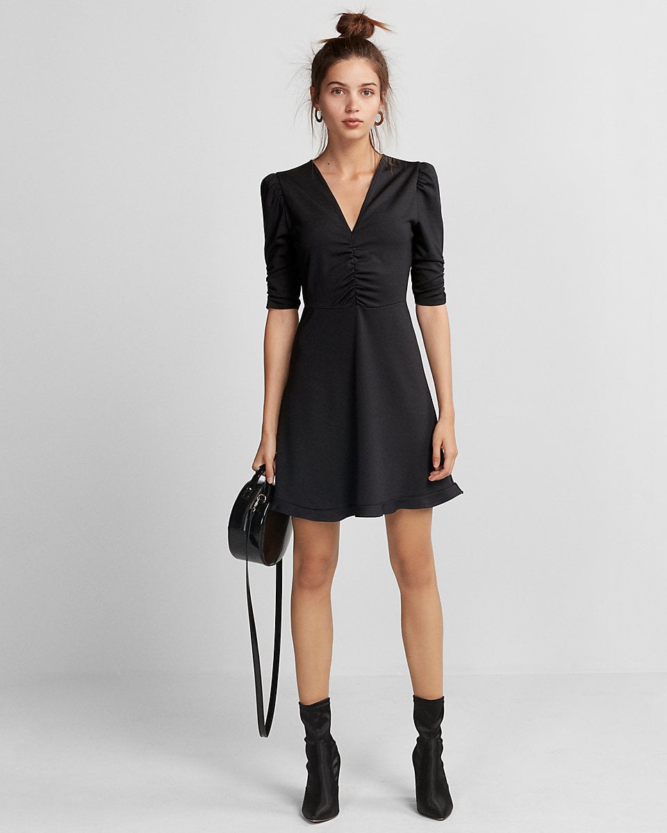 deep v fit and flare dress