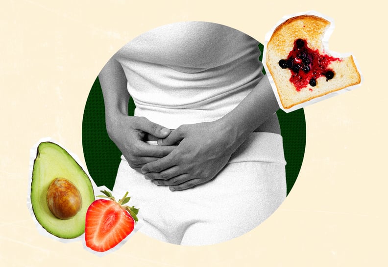 someone clutching their stomach surrounded by breakfast foods