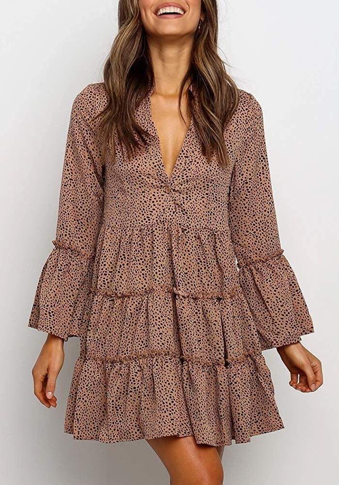 Mitilly Ruffle Long-Sleeve V-Neck Leopard Dress