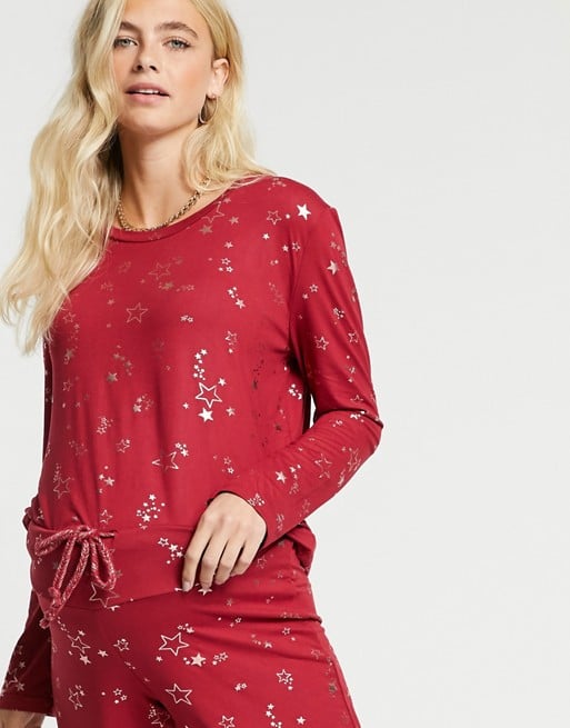 ASOS Chelsea Peers Maternity Eco Poly Foil Star Long Pajama Set in Red