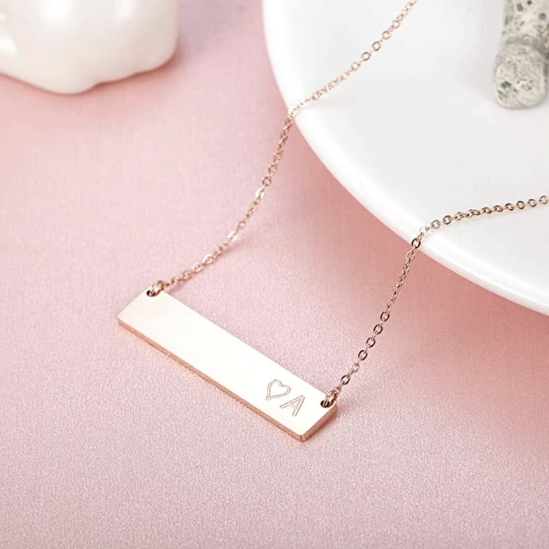 Finrezio Rose Gold Plated Stainless Steel Initial Heart Bar Necklace