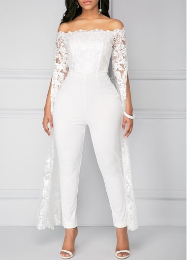 Modlily Off the Shoulder Lace Panel White Jumpsuit