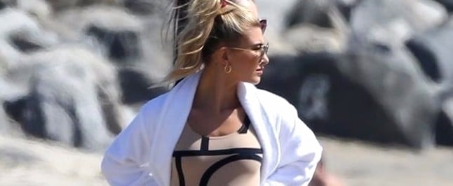 Hailey Baldwin's Beige 1-Piece Swimsuit