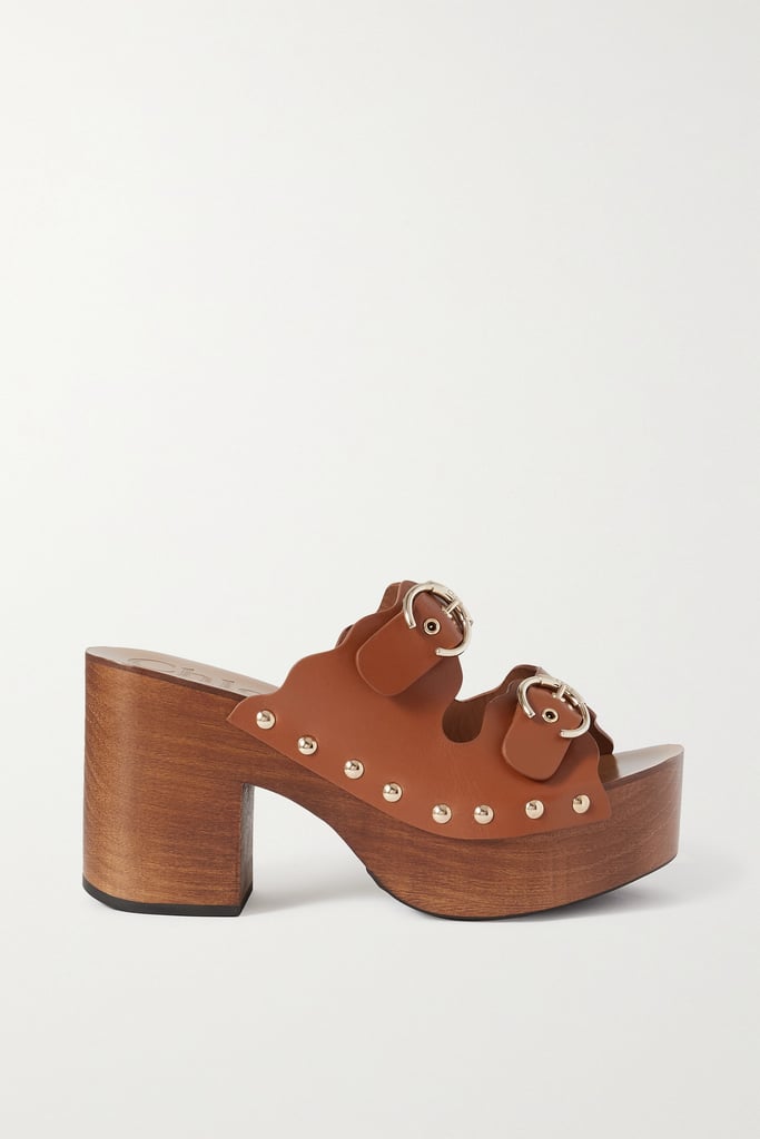 Chloé Tan Ingrid Buckled Leather Platform Mules