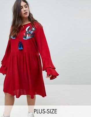 Glamorous Curve Smock Dress With Tiered Sleeve And Embroidery