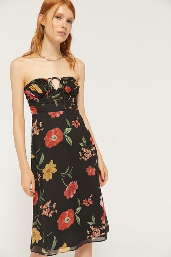 Urban Outfitters Floral Chiffon Strapless Midi Dress
