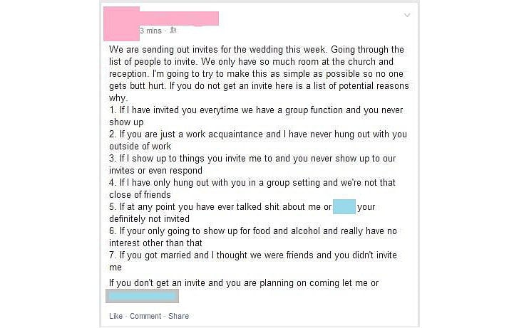 Woman Explained Why "Friends" Weren't Invited to Her Wedding