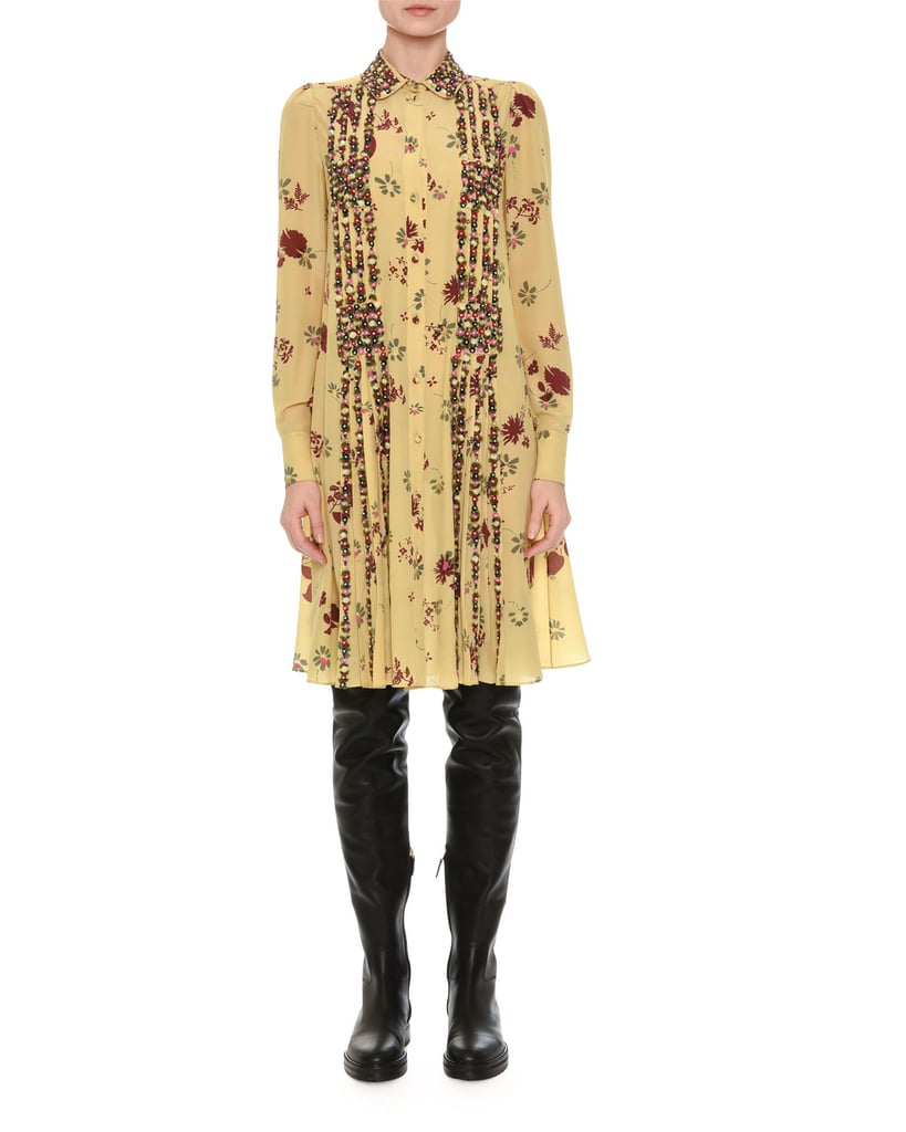 Valentino Beaded Floral-Print Shirtdress