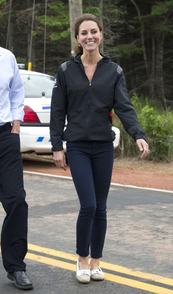 Kate went the super casual route in boat shoes and a windbreaker.