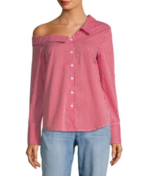 Lea & Viola Stripe One-Shoulder Button-Down Shirt