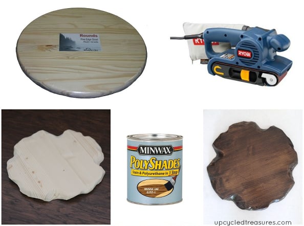 I used a belt sander on a basic round piece of wood, and then stained it to create the "live edge" look.