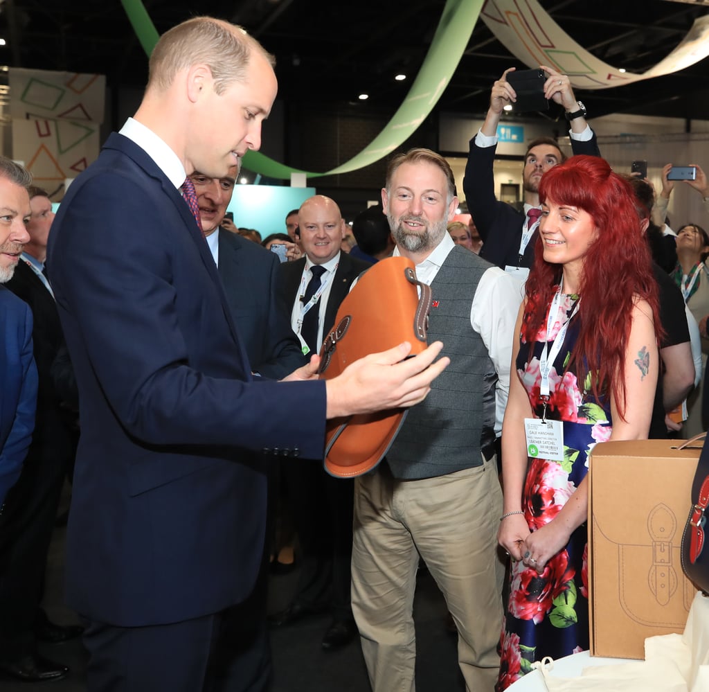 Prince William stopped to admire the bags while chatting to the bag makers, Keith and Gail Hanshaw.