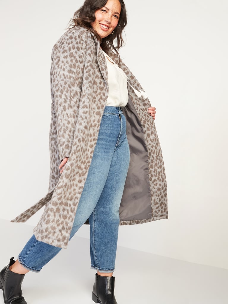 Oversized Soft-Brushed Leopard-Print Plus-Size Tie-Belt Coat