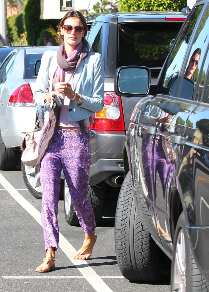 Alessandra Ambrosio doused herself in color in purple printed Ella Moss pants, a denim Joe's Jeans cropped blazer, and a two-tone scarf while out in LA.