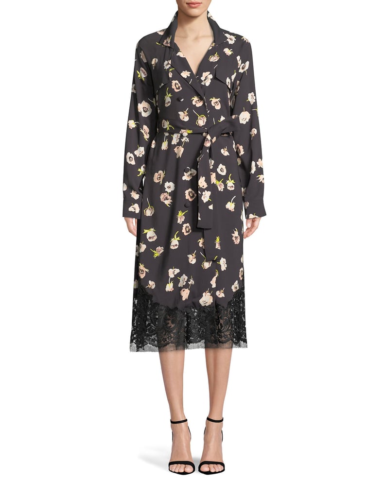 Lela Rose Double-Breasted Floral-Print Wrap Dress with Lace Hem