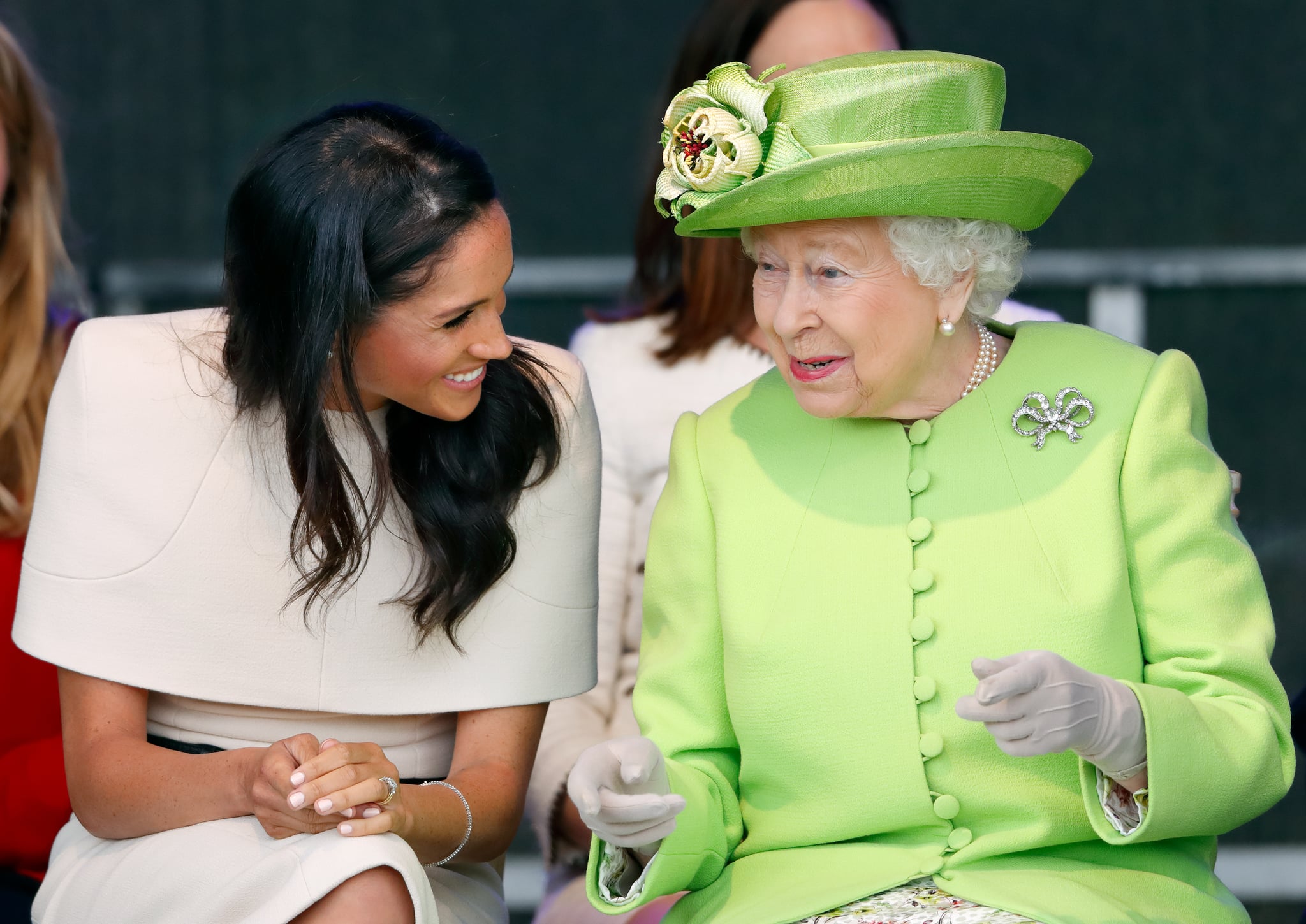 WIDNES, UNITED KINGDOM - JUNE 14: (EMBARGOED FOR PUBLICATION IN UK NEWSPAPERS UNTIL 24 HOURS AFTER CREATE DATE AND TIME) Meghan, Duchess of Sussex and Queen Elizabeth II attend a ceremony to open the new Mersey Gateway Bridge on June 14, 2018 in Widnes, England. Meghan Markle married Prince Harry last month to become The Duchess of Sussex and this is her first engagement with the Queen. During the visit the pair will open a road bridge in Widnes and visit The Storyhouse and Town Hall in Chester. (Photo by Max Mumby/Indigo/Getty Images)