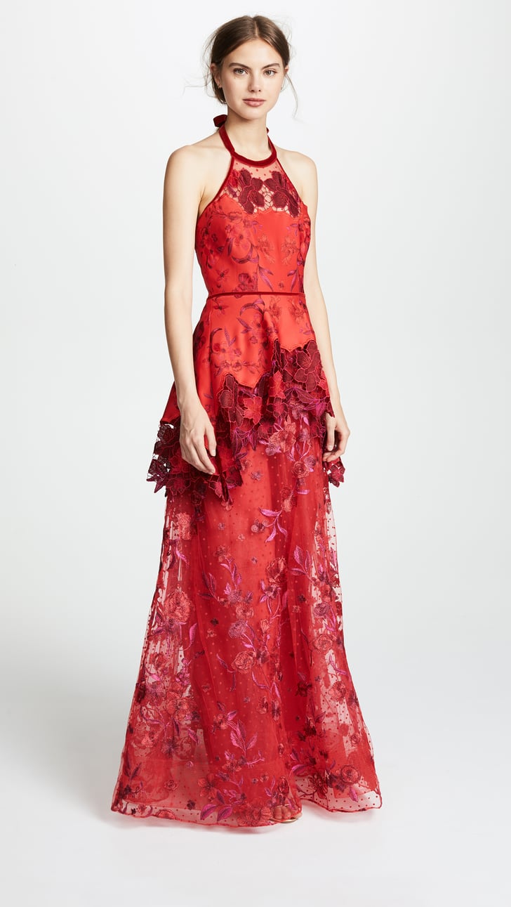 Marchesa Notte Halter Embroidered Gown | Fall Wedding Guest Dresses ...