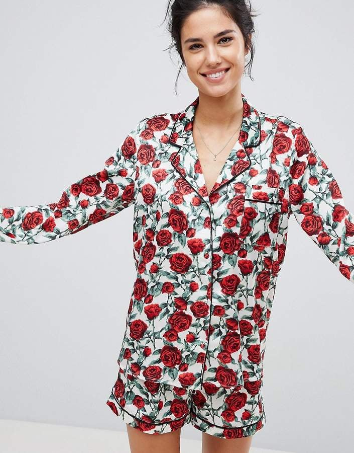 Missguided Valentines Satin Rose Print Pj Set Affordable Silk Pyjamas