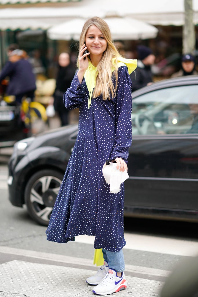 I love the unexpected addition of sleek sneakers with a ladylike dress.