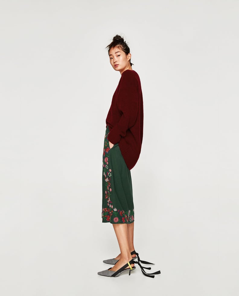 Zara Midi Skirt With Floral Embroidery