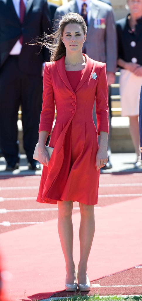 Kate's Catherine Walker coat dress came complete with a matching red shift underneath. Kate properly finished her outfit with a maple-leaf brooch, a gift from Queen Elizabeth II, and she slipped into her L.K. Bennett shoes yet again. 
