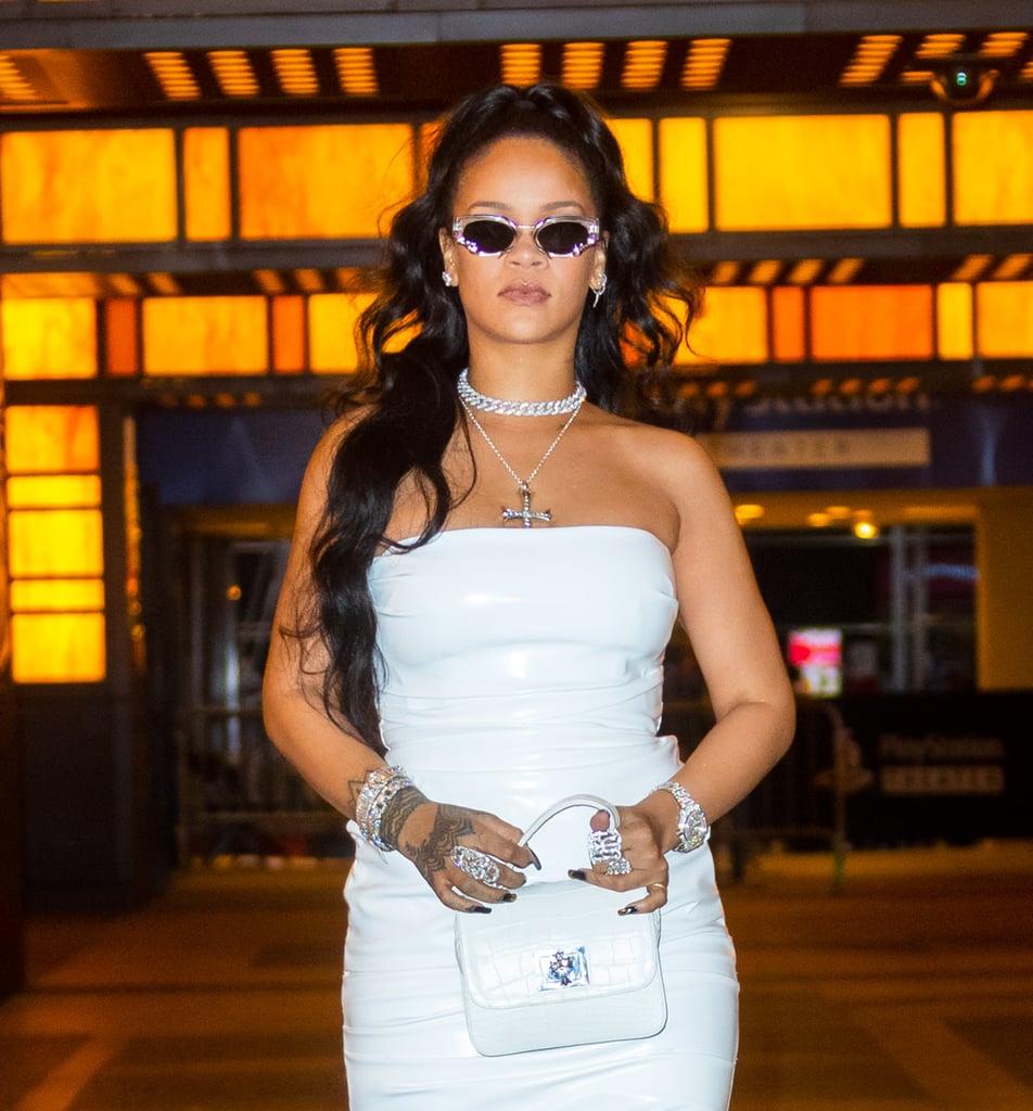 Rihanna's White Alex Perry Dress Fenty Sandals October 2019